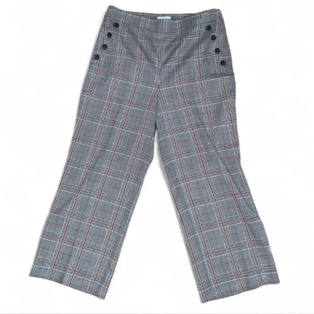 Loft Plaid Wide-Leg Pants with sailor Button Detail high rise size 10 gray red